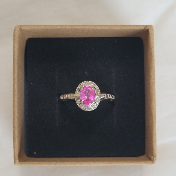 Pink Sapphire Diamond 10k White Gold Ring October Birthstone Size 7 Womens - Picture 3 of 11
